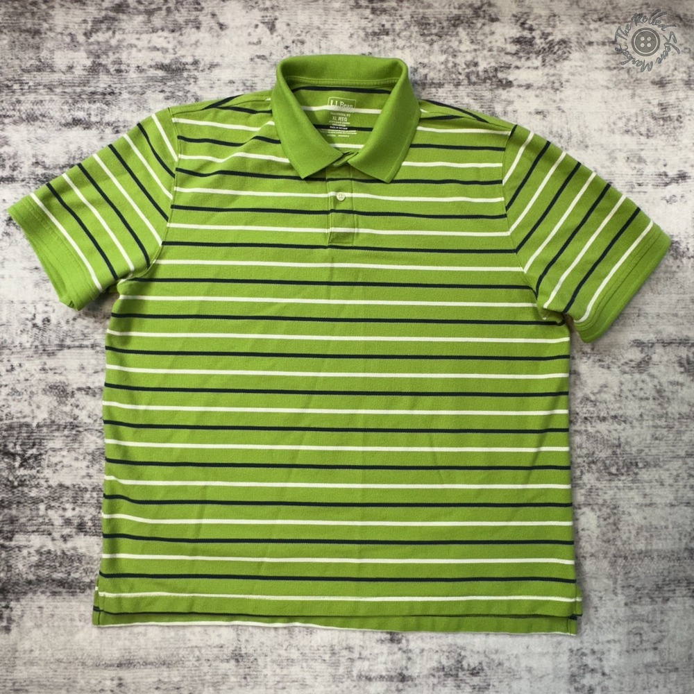 L.L. Bean Traditional Fit Polo Shirt Striped‎ Green Navy White Men's XL
